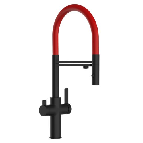 3-weg-kraan-in-messing-voor-gezuiverd-waterbediening-op-horizontale-lijn-met-flexibel-en-sproeikop-basis-mat-zwart-flex-rood